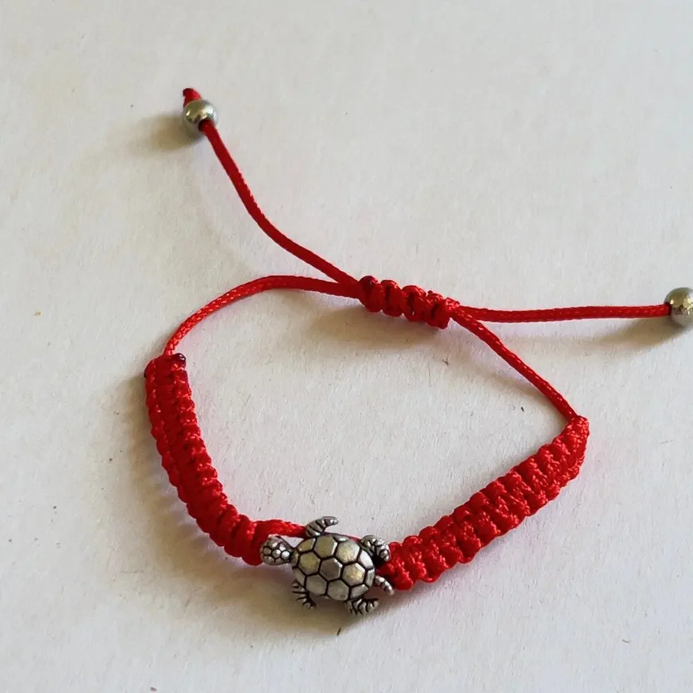 Turtle Red Adjustable Bracelet Silver Tone Charm Children's Size Handmade